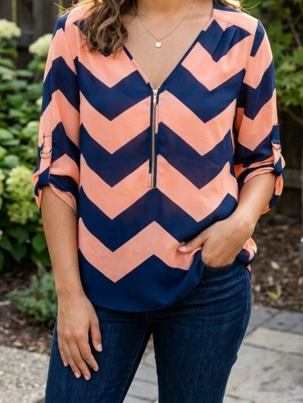Rue21 Peach and Navy Chevron Zip-Front Blouse